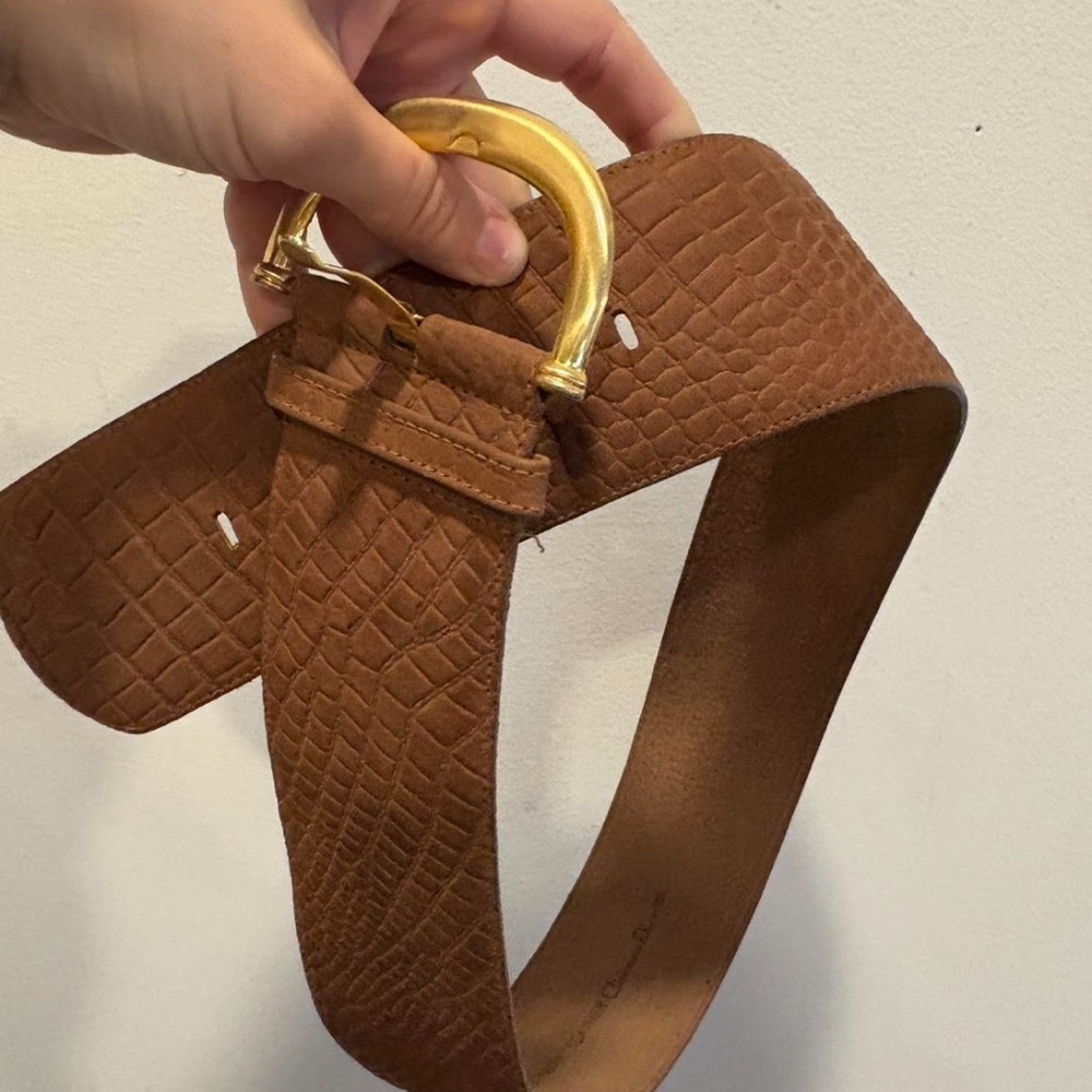 CHRISTIAN DIOR vintage Brown Crocodile Pattern Belt with Gold Buckle